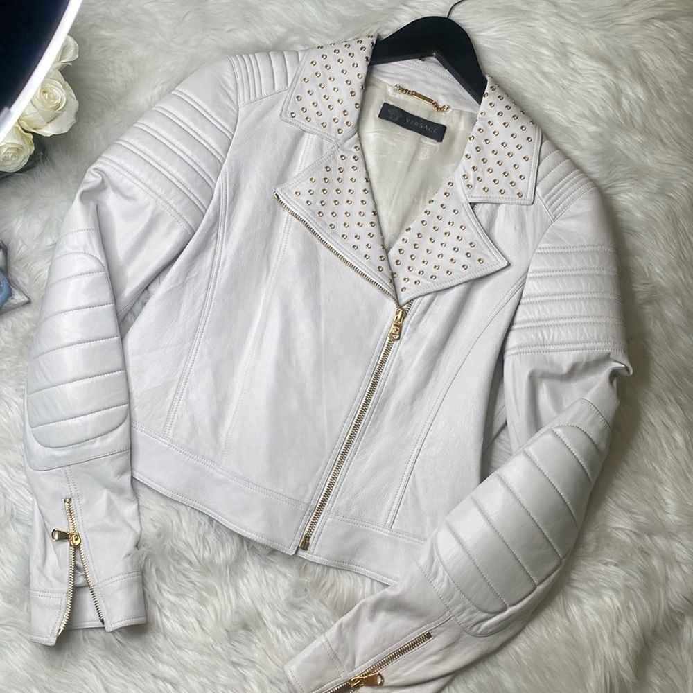 Versace White Leather Jacket  Gold Embellishment Motto Jacket Perfect Si…